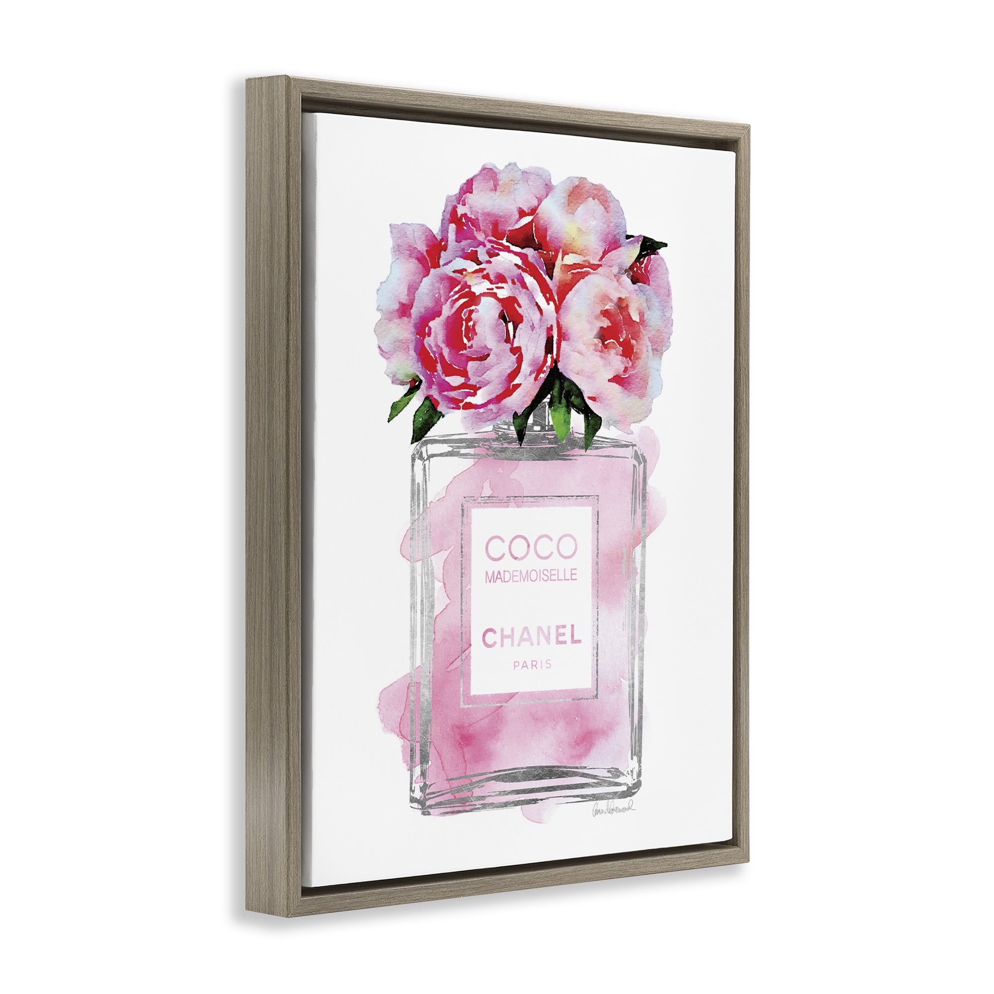 Stupell Industries Glam Perfume Bottle with Roses Beauty & Fashion Painting Brown Floater Framed Canvas Art Print Wall Art, 25 x 31