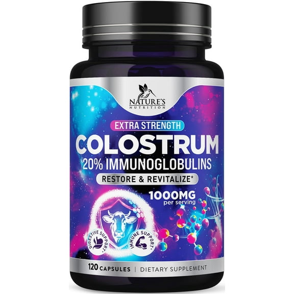 Colostrum Supplement 1000mg - 20% Immunoglobulins for Muscle, Skin & Hair Support - Gut Health Digestive & Immune Support - Bovine Colostrum Powder - Natural, Gluten Free & Unflavored - 120 Capsules