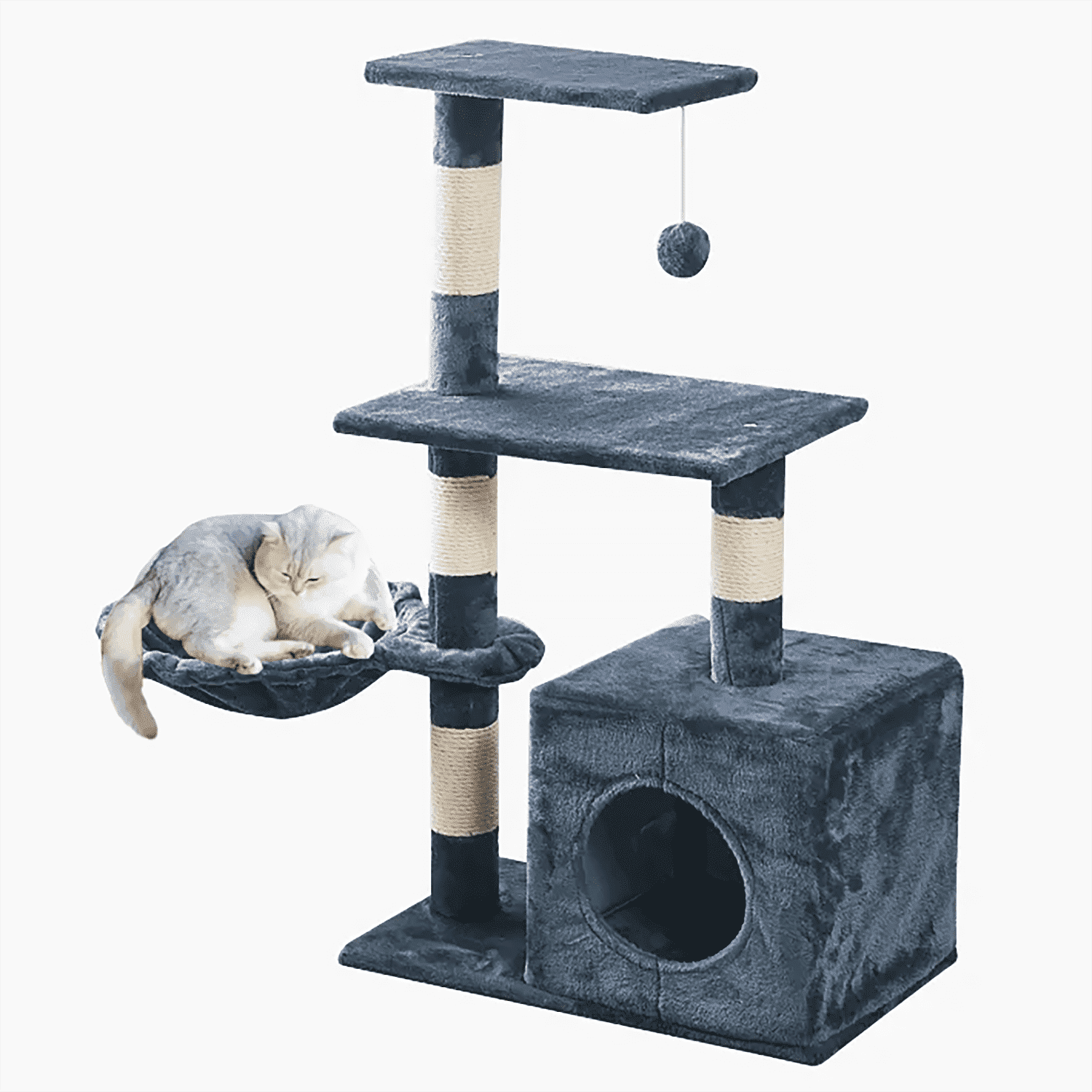 Asunby Cat Tower Tree,38-inch Multi-Level Cat Tree for Kittens | Gray-Blue | 2 Hammocks, Top Platform & Pompoms