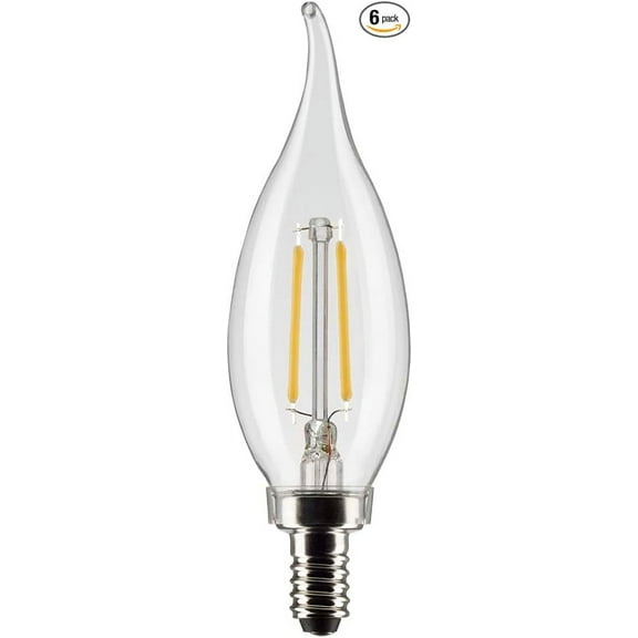 SATCO S21294 3 Watt CA10 LED Light Bulb; Clear; Candelabra Base; 90 CRI; 2700K; 120 Volt 6 Pack