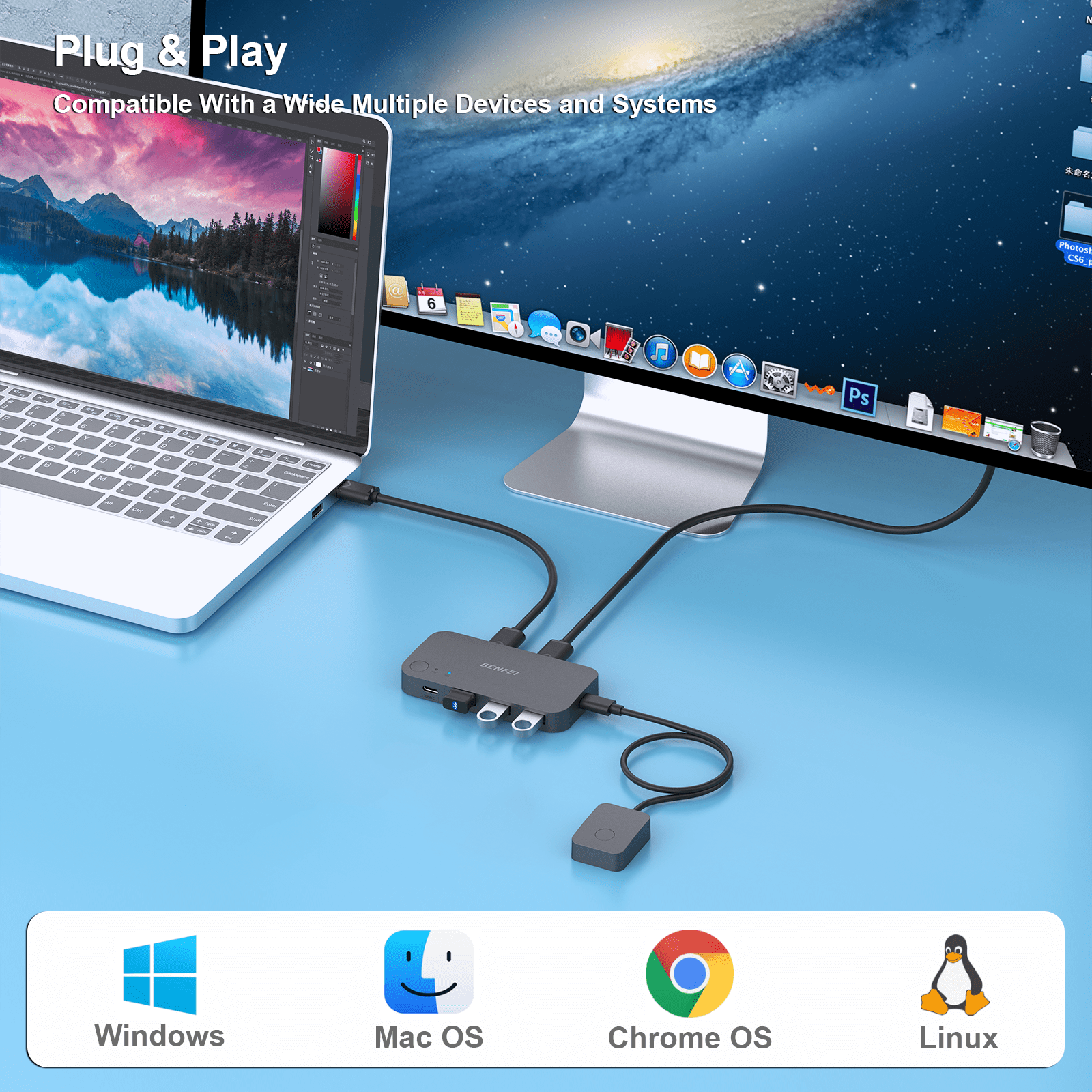 Benfei usb 3.0 switch, 2 computers share 3*usb 3.0 & 1*usb c with remote control for pc mouse keyboard printer scanner, usb kvm switch selector compatible with windows, mac, linux