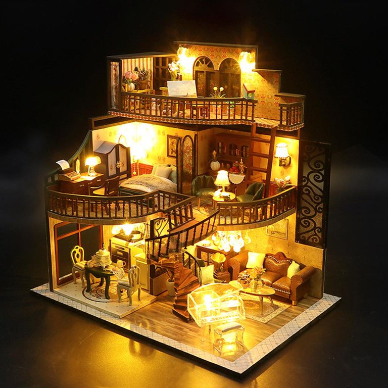 Mini Dollhouse Assemble Kits DIY Miniature Villa with LED Lights 3D for  Home 