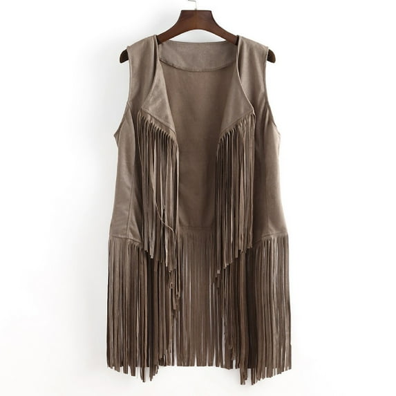 Lilgiuy Women Autumn Winter Suede Ethnic Sleeveless Tassels Fringed Vest Cardigan