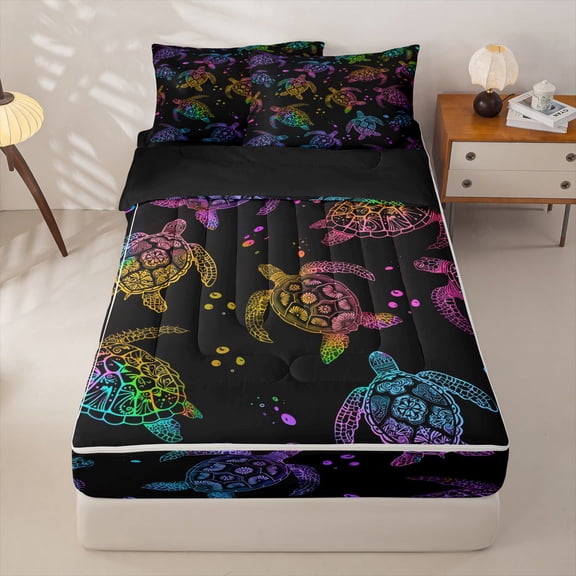 Manfei Rainbow Sea Turtle Zipper Full Size Comforter Sets with Fitted Sheet and 2 Pillowcases for Kids Boys and Girls, Marine Animal Print Zipper Bedding Set, Black Reversible, 4 Pieces