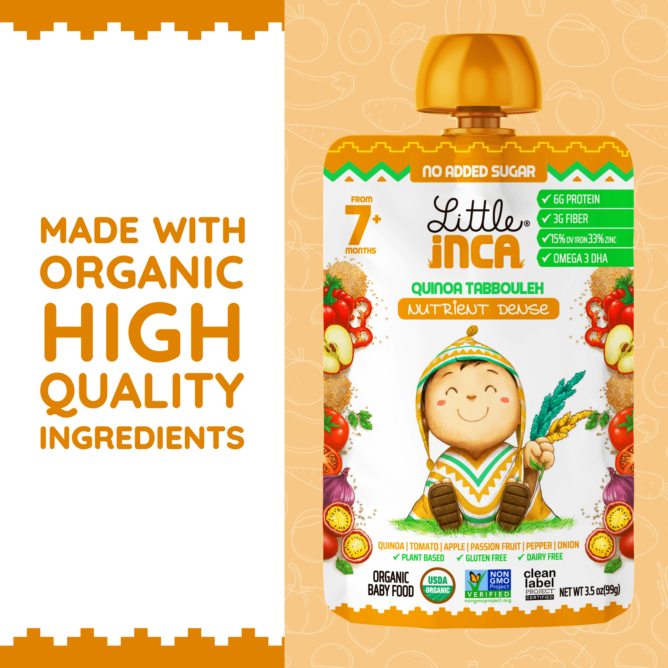 Little Inca Stage 2 Baby Food Pouches, Quinoa Tabbouleh Baby Puree, Plant Based High Protein, Dairy-Free, 6 x 3.5oz