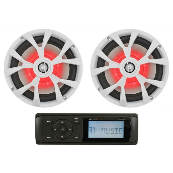 MB Quart MDR2.0 1-Din Marine/Boat Bluetooth Receiver (2) 8" White LED Speakers