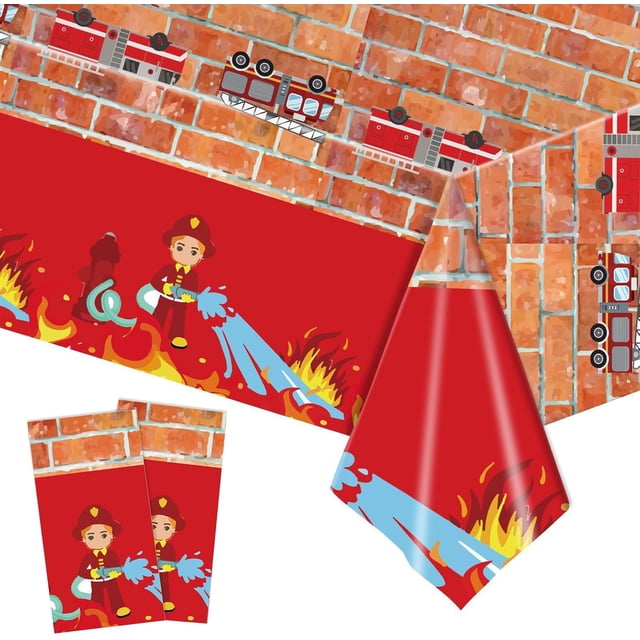 SINGOMON 2PCS Rectangular Fire Truck Table Cloths, Red, 130x220cm, Disposable, Firefighter Party Favors, Firetruck Birthday Decorations