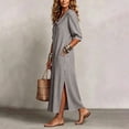 thumbnail image 4 of NTACZA Women Dresses 3/4 Sleeve Slit Shirt Dress Maxi Collared Striped Vacation Casual Button Down Beach Black L, 4 of 6