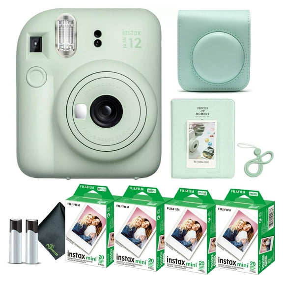 Fujifilm Instax Mini 12 Instant Camera Mint Green Bundle with Fuji Instax Mini Film Value Pack (80 Sheets) Protective Carrying Case Photo Album Microfiber Cleaning Cloth