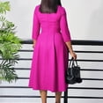 thumbnail image 2 of AURA Womens V Neck Pleated Midi Dress Puff Sleeve High Waist A Line Elegant Work Office Fall Dress with Zipper, 2 of 10