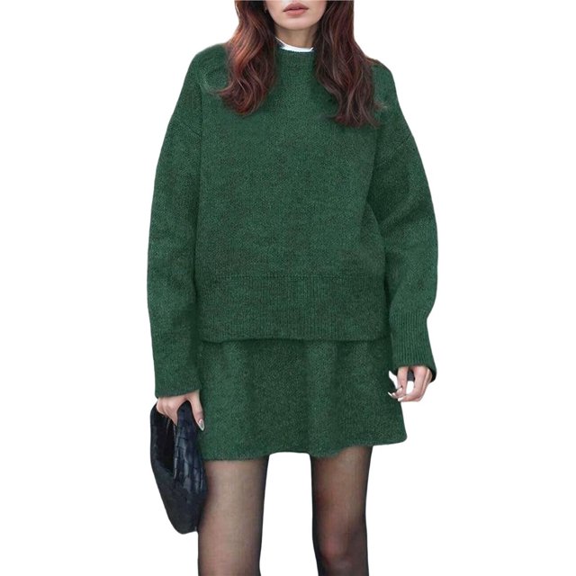 Conjunto de Suéter y Falda para Mujer, 2 Piezas. Suéter Holgado de Punto con Falda Corta. Verde M