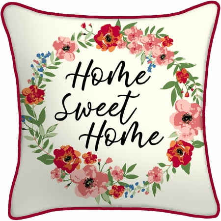 Mainstays Home Sweet Home Wreath Outdoor Throw Pillow, 16", Cream Novelty and Red Floral