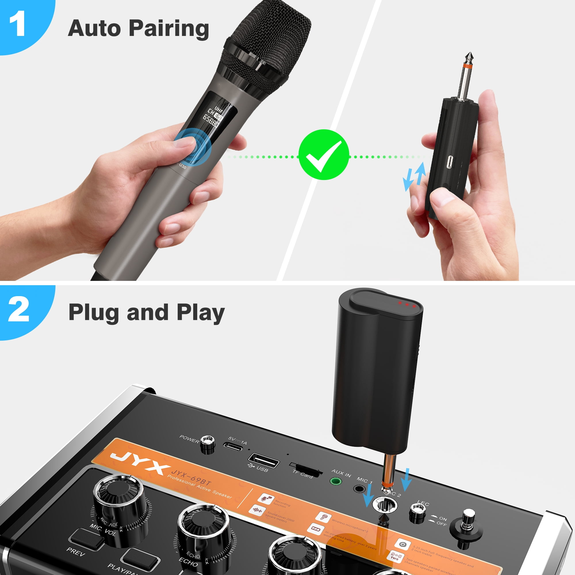 JAUYXIAN Wireless Microphones, Dual Handheld Dynamic Microphones for Karaoke, Professional Microphone for Singing, Speech