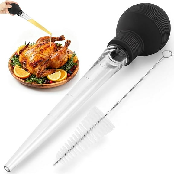 Large Turkey Baster for Cooking - Premium Baster Syringe for Hot Liquids - Heat-Resistant Silicone Bulb, Easy-Grip Design with Cleaning Brush - Dishwasher Safe - Baste Food with Ease - Black