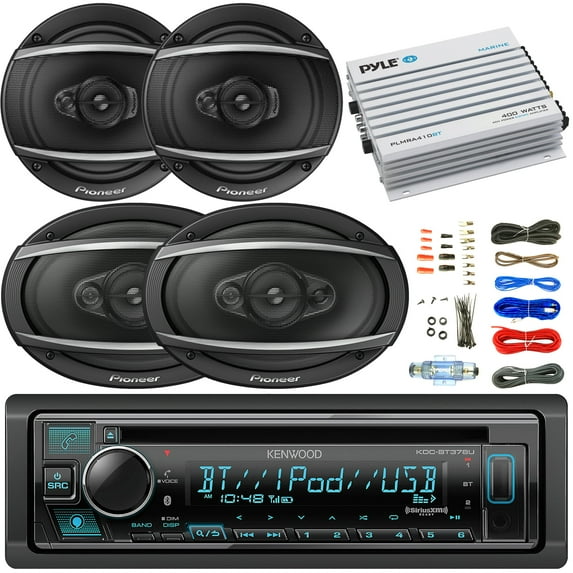Kenwood Single DIN Bluetooth SiriusXM Ready CD Player Car Stereo Receiver, Pioneer 6x9" 4-Way 450 Watt Audio Speakers, 6.5" 3-Way 320 Watt Coaxial Speakers, 4-Ch Amplifier, 8 Gauge Amp Wiring Kit