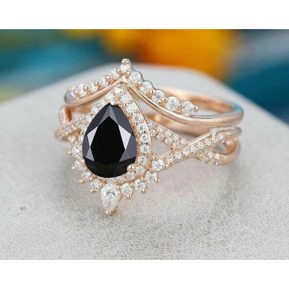 Aishvi Jewels 2.30 Ct Pear Cut Simulated Black Diamond Bridal set Engagement Ring 14K Rose Gold Plated 925 Silver Halo Ring