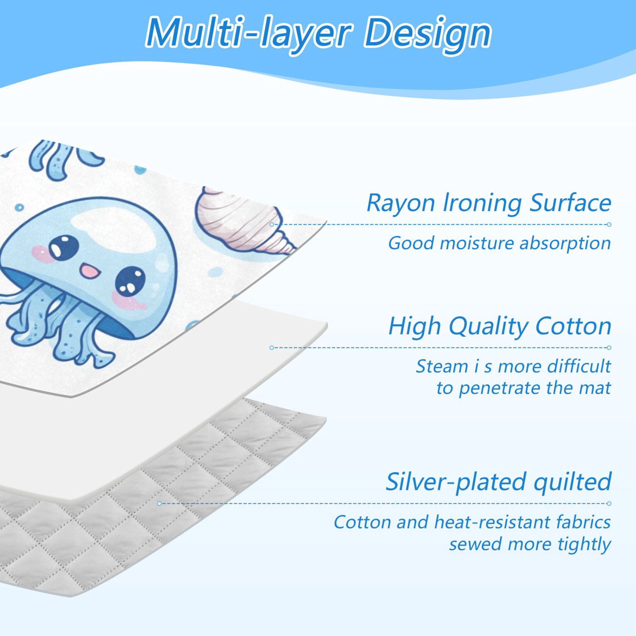 Blue Jellyfishes Shells Bubbles Cartoon Ironing Mat Blanket Portable Travel Ironing Pad Heat Resistant Pad 47.2" x 27.6”