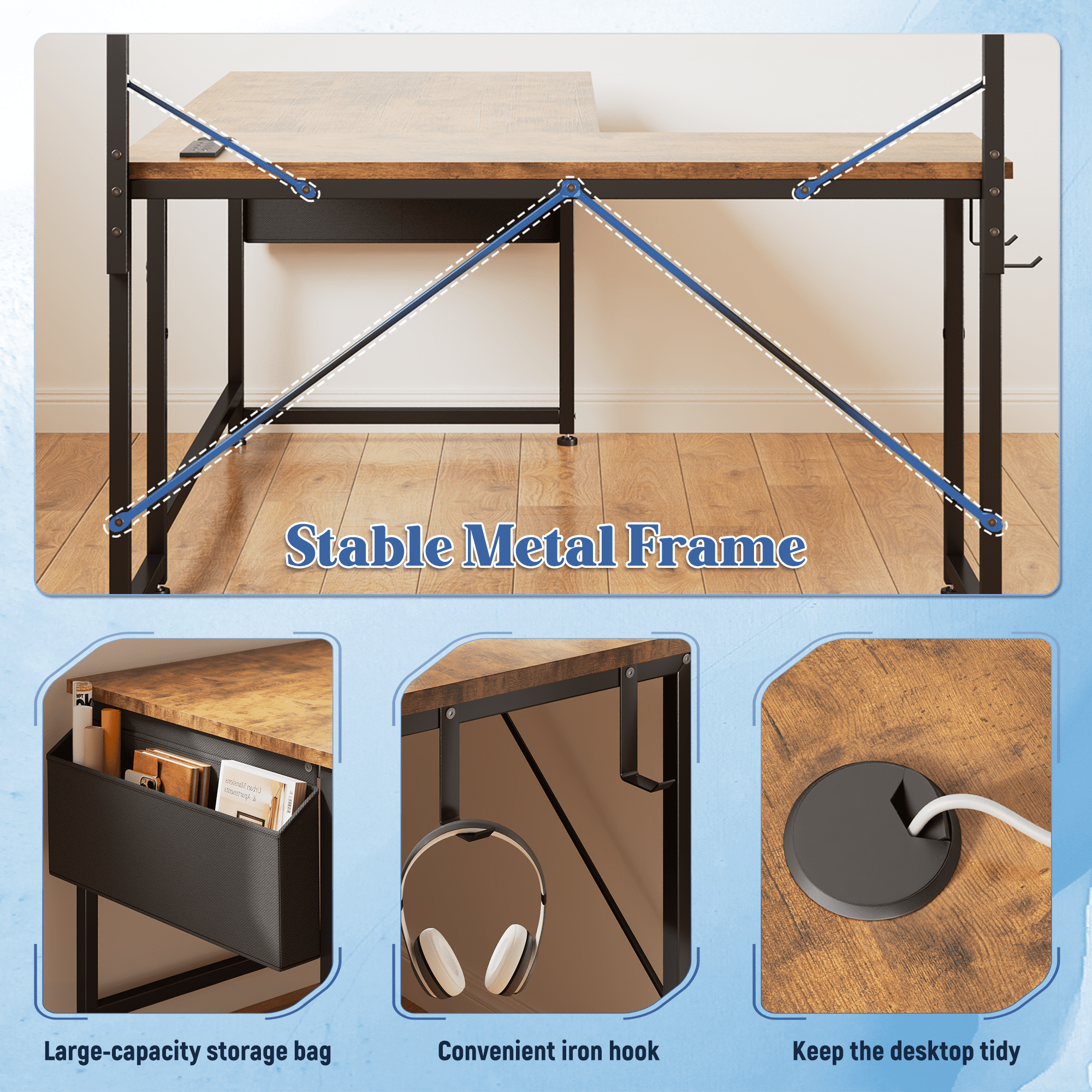 Romorgniz L Shaped Computer Desk with LED Lights & Power Outlet, Reversible 43.3"W Gaming Desk with Storage Shelf, Side Bag, Hooks for Home Office, Rustic Brown
