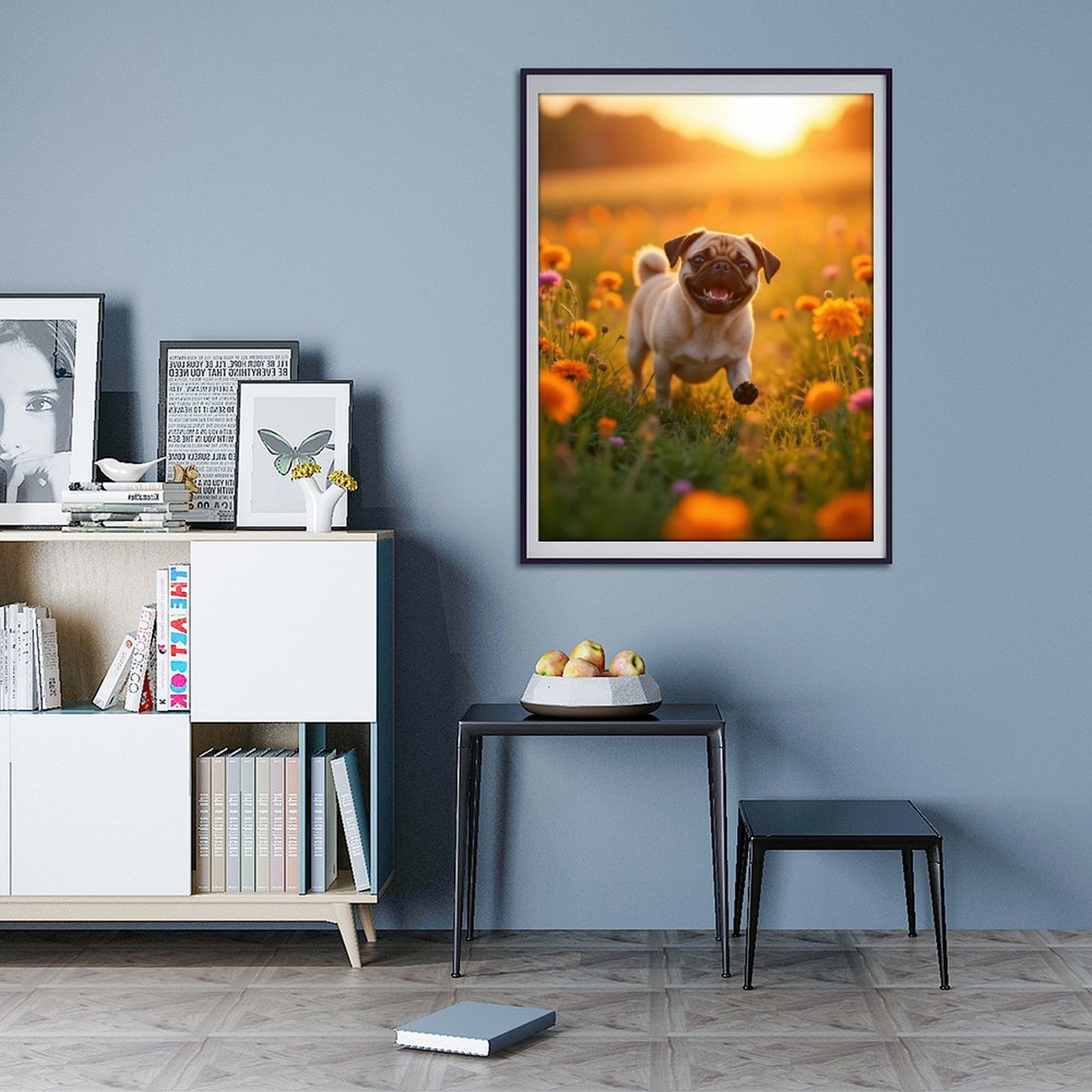Diamond Art Kits for Adults - 5d Pug Sunset Blooming Meadow Diamond Painting for Adults, Diamond Art for Adults Beginners, Diamond Painting Kits for Adults for Home Wall Decor