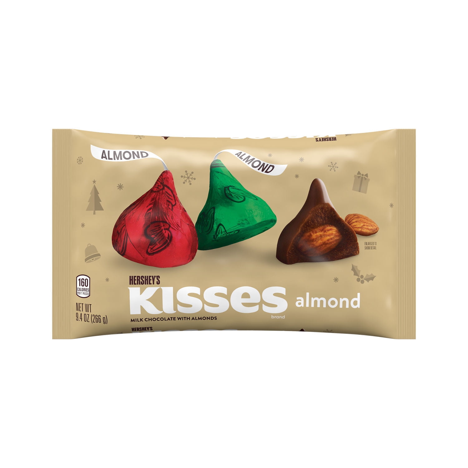 HERSHEY'S, KISSES Milk Chocolate with Almonds Christmas Candy, 9.4 oz Bag