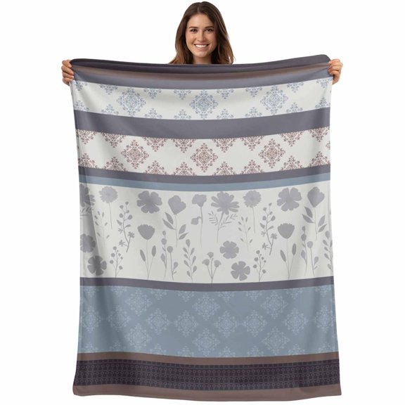 Blue Brown Stripes Blanket Soft Cozy Warm Throw Blanket for Couch, Plush Fuzzy Flannel Fleece Blankets for Sofa, Abstract Geometric Spring Flowers Country Bed Blankets Gifts for Men, 40"x50"