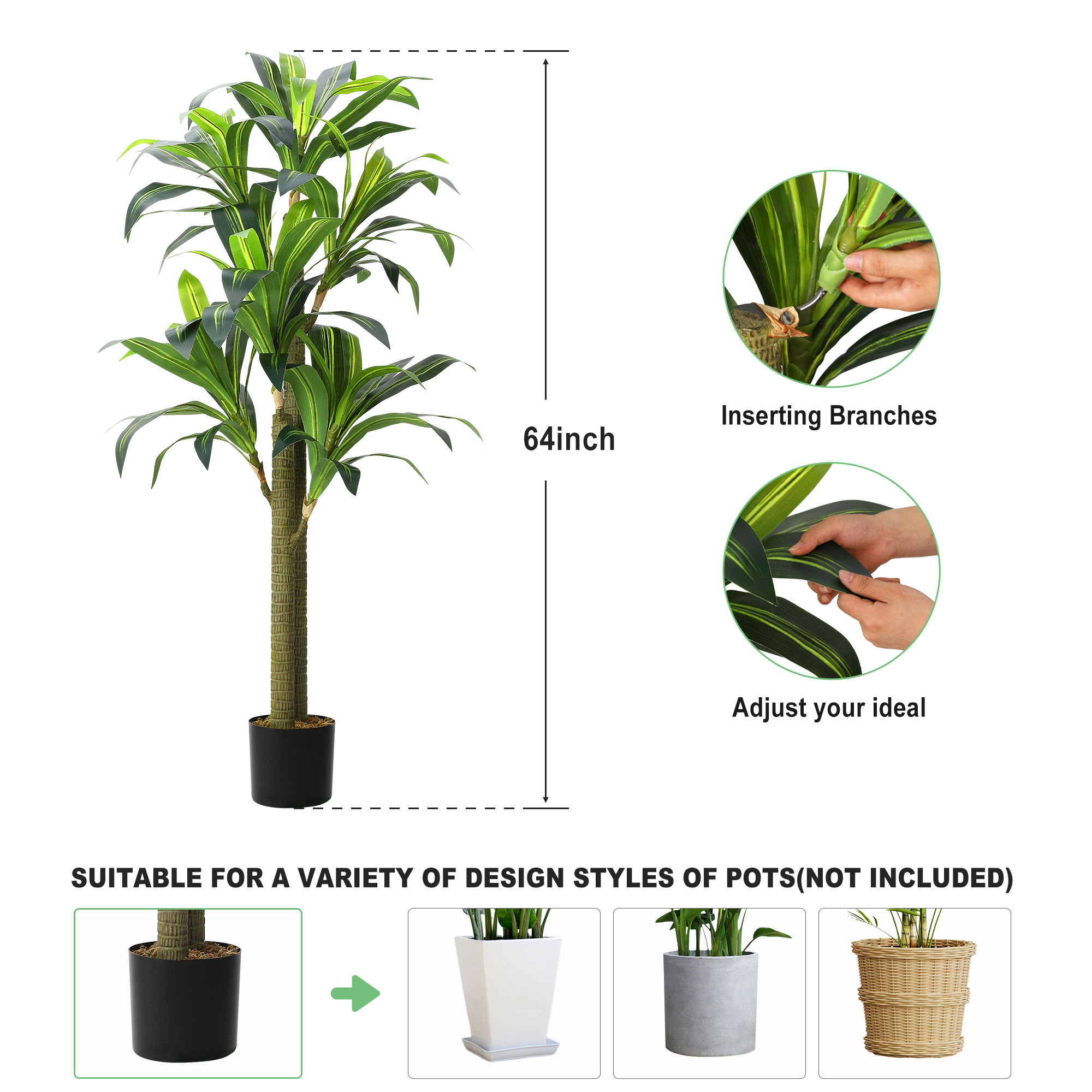 Artificial Dracaena Tree, 5.4 ft Tall Fake Dracaena Plant with Pot, Faux Topiary Yucca Trees for Office Home Living Room Porch Patio DéCor