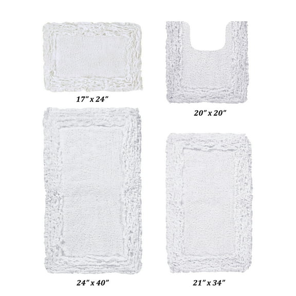 Better Trends 4 Piece Bathroom Rug Set 100% Cotton, Extra Soft, Water Absorbent & Non Slip Bath Mat, Ruffle Border, (White) Shaggy Border Collection
