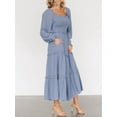 thumbnail image 6 of Women Elegant Square Neck Long Sleeve Ruffle Spring Fall High Waist Skinny Pleated Maxi Dress with Pockets Light Blue S, 6 of 8