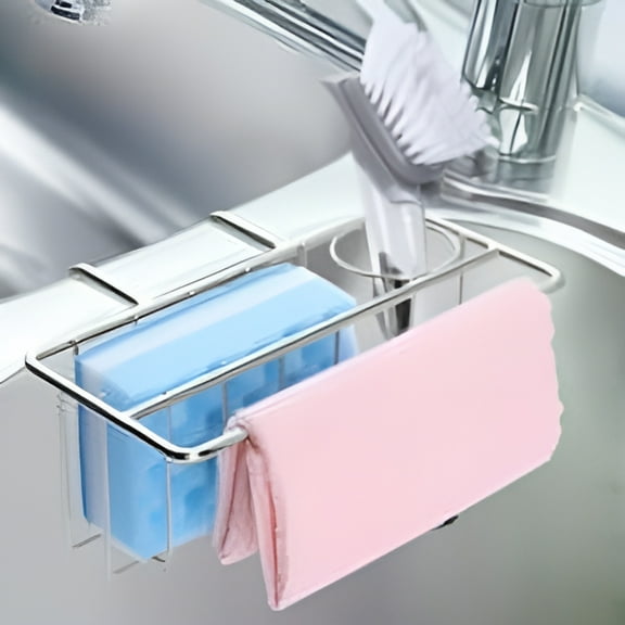 Kitchen Sponge Holder for Sink, Sink Organizer Caddy Brush Soap Drainer Rack, Stainless Steel