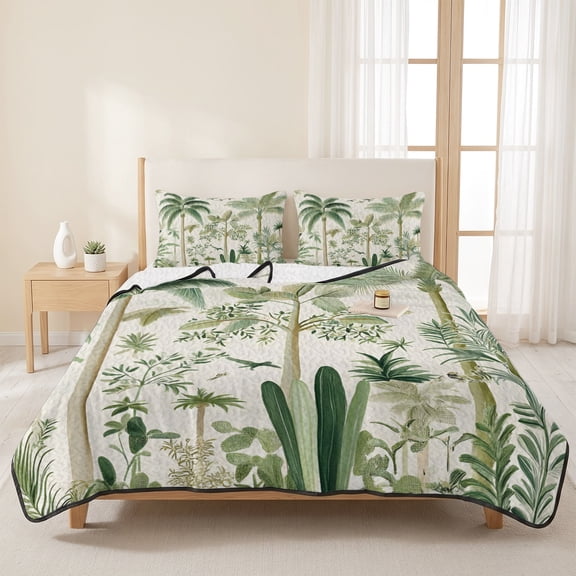 Queen Quilt Set, Retro Tropical Forest Scene Lightweight Quilt Sets Summer Comforter Coverlets with 2 Pillow Shams, Green Coconut Tree Bird Breathable 3 Piece Bedding Set for All Seasons