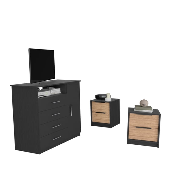 Racine 3 Piece Bedroom Set, Peru Dresser   Kaia Nightstand   Kaia Nightstand, Black / Pine