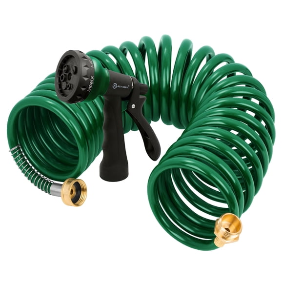 Automan Coil Manguera de jardín Manguera de agua rizada Eva de 25 pies con conectores de latón Manguera de agua de jardín con retroceso Incluye rociador de 7 funciones Manguera de bobina de jardín ret