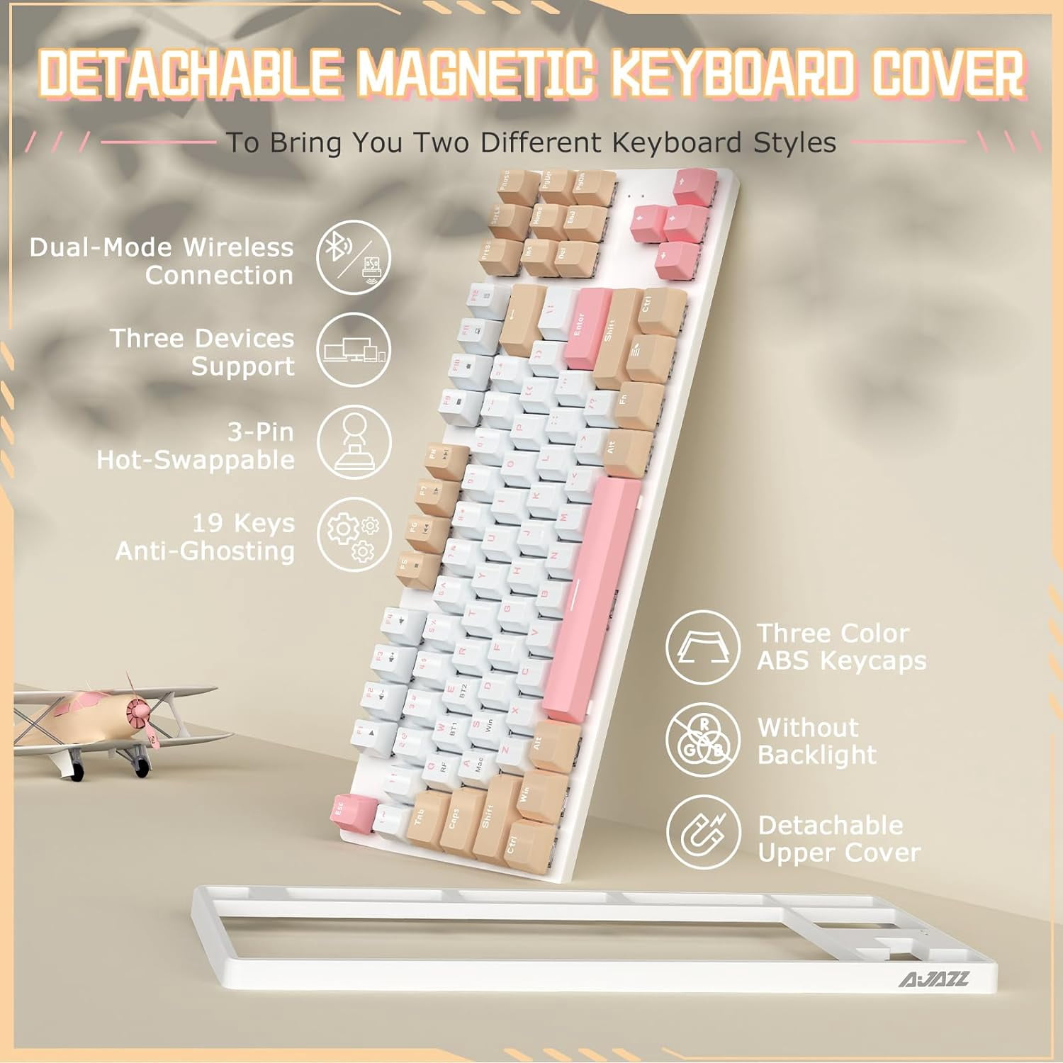 A.JAZZ Wireless Mechanical Keyboard, Dual Mode BT5.0/2.4G with 87 TKL Hot Swap Bluetooth Gaming Keyboard,Detachable Frame,USB Hub for PC(Red Switch)