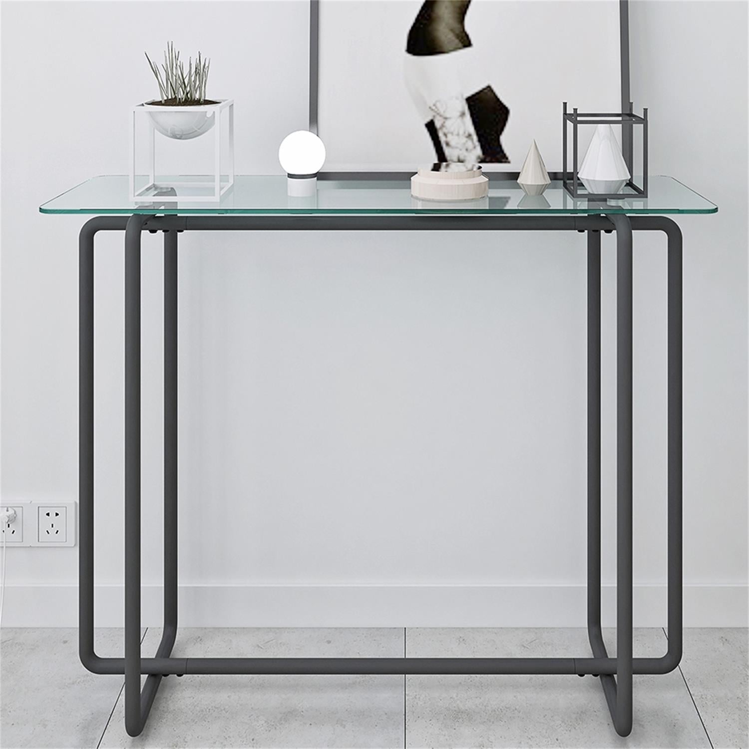 Kadyn Console Glass Table, Black Leg Double Tempered Glass Tea Table, Entryway Console Sofa Table for Living Room, Transparent Kadyn Console Glass Table, Black Leg Double Tempered Glass Tea Table, Entryway Console Sofa Table for Living Room, Transparent