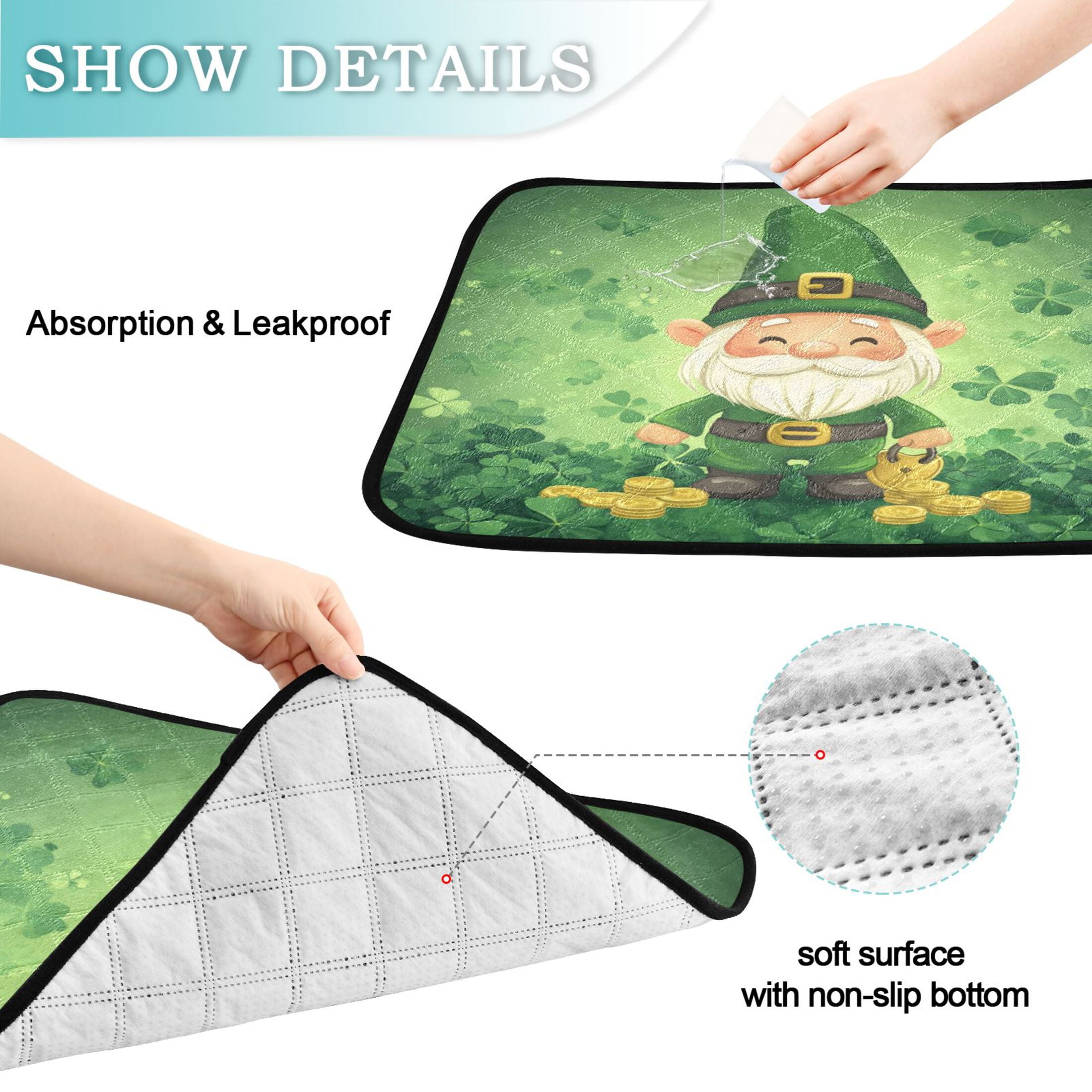 Qxltty St Patricks Gnome Cat litter Pads Pet Set of 3 Diaper Mats Center Anti-leakage Layer Absorbent Soft and Comfortable
