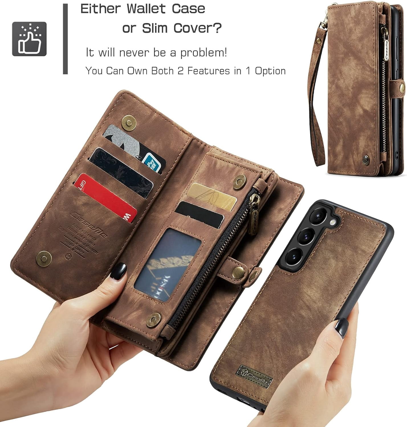2 in 1 Detachable for Samsung Galaxy S23+ / S23 Plus Wallet Case with Card Holder, Retro Premium Flip Leather Cover  Zipper Pocket Phone Cases 6.6'' (Coffee,S23+/S23 Plus)