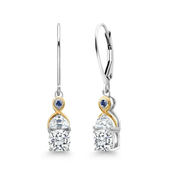 Gem Stone King 925 Silver and 10K Yellow Gold Dangle Earrings Set with Cushion and Half Moon Moissanite (1.76 Carat Cttw)