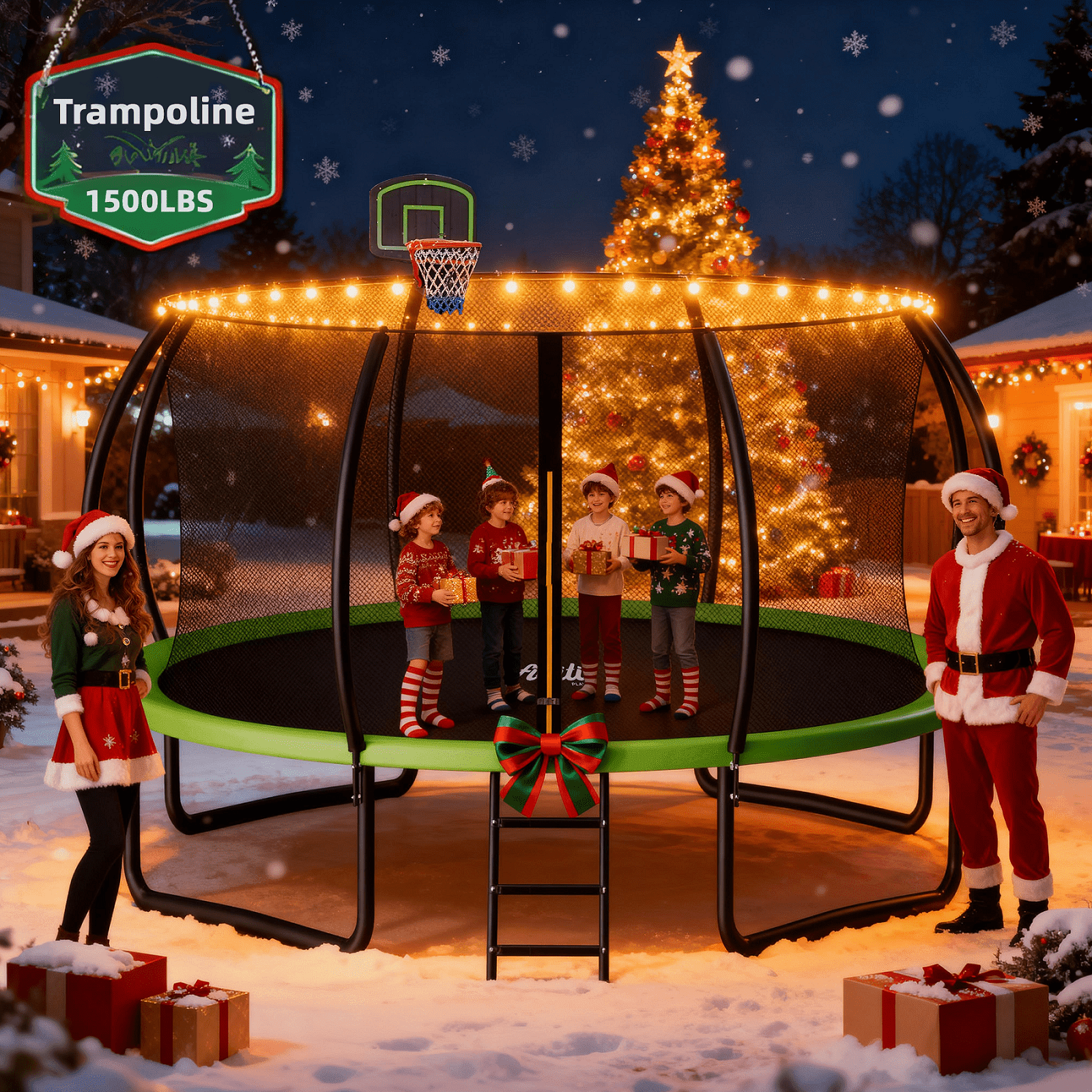 FIZITI Trampoline with Basketball Hoop,Enclosure Net,1500LBS 12FT 14FT 16FT Trampoline for 7-8 Kids and Adult with Sprinkler,Light,Socks,Ladder,Pumpkin Outdoor Heavy Duty Backyard Trampoline,Green