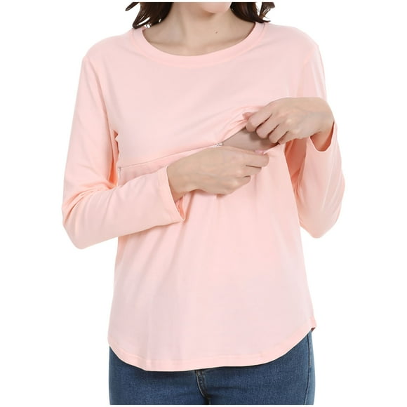 Ruimatai Women's Maternity Shirt Plus Size Fashion Solid Color Women Long Sleeves Hidden Zipper Nursing Tops Breastfeeding Tee Shirt