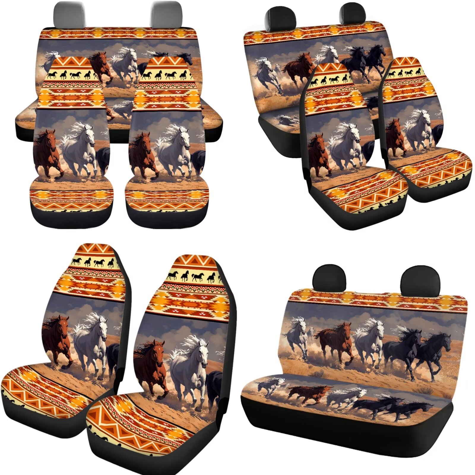 Garronmavis Aztec Three Horse Car Seat Covers Full Set Universal Seat Covers for Cars with Cars Headrest Protectors+Wristlet Keychain+Auto Cup Coaster+Handbrake Gear+Shift Knob Cover