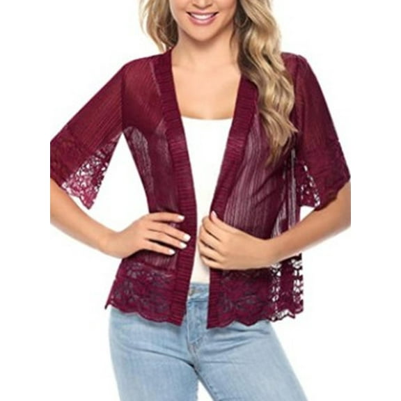 Sunisery Women's Open Front Short Sleeve Cardigan Lace Patchwork Sheer Bolero Cover Up Jacket Open Front Bolero Shrugs