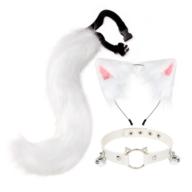 Ensemble de 3x Oreilles et Queue en Peluche Couvre-Chef Collier Ras du Cou Blanc