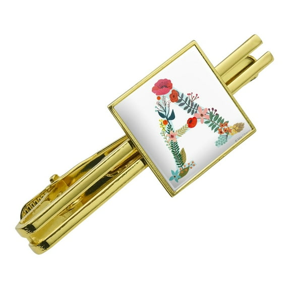 Letter A Floral Square Tie Bar Clip Clasp Tack- Silver or Gold