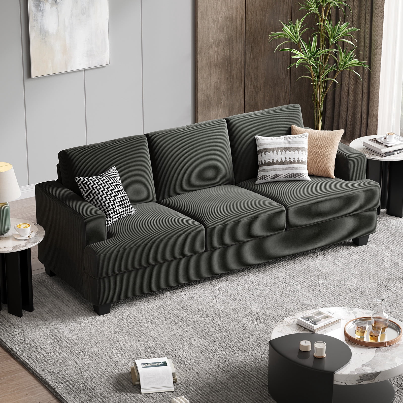 BLAZANT 89" Sofa Couch, 3 Seater Sofa with Suppleness Armrests, Corduroy Fabric Deep Seat Sofa with Upholstered Cushion& Backrests, Modern Comfy Couch for Living Room Apartment Office
