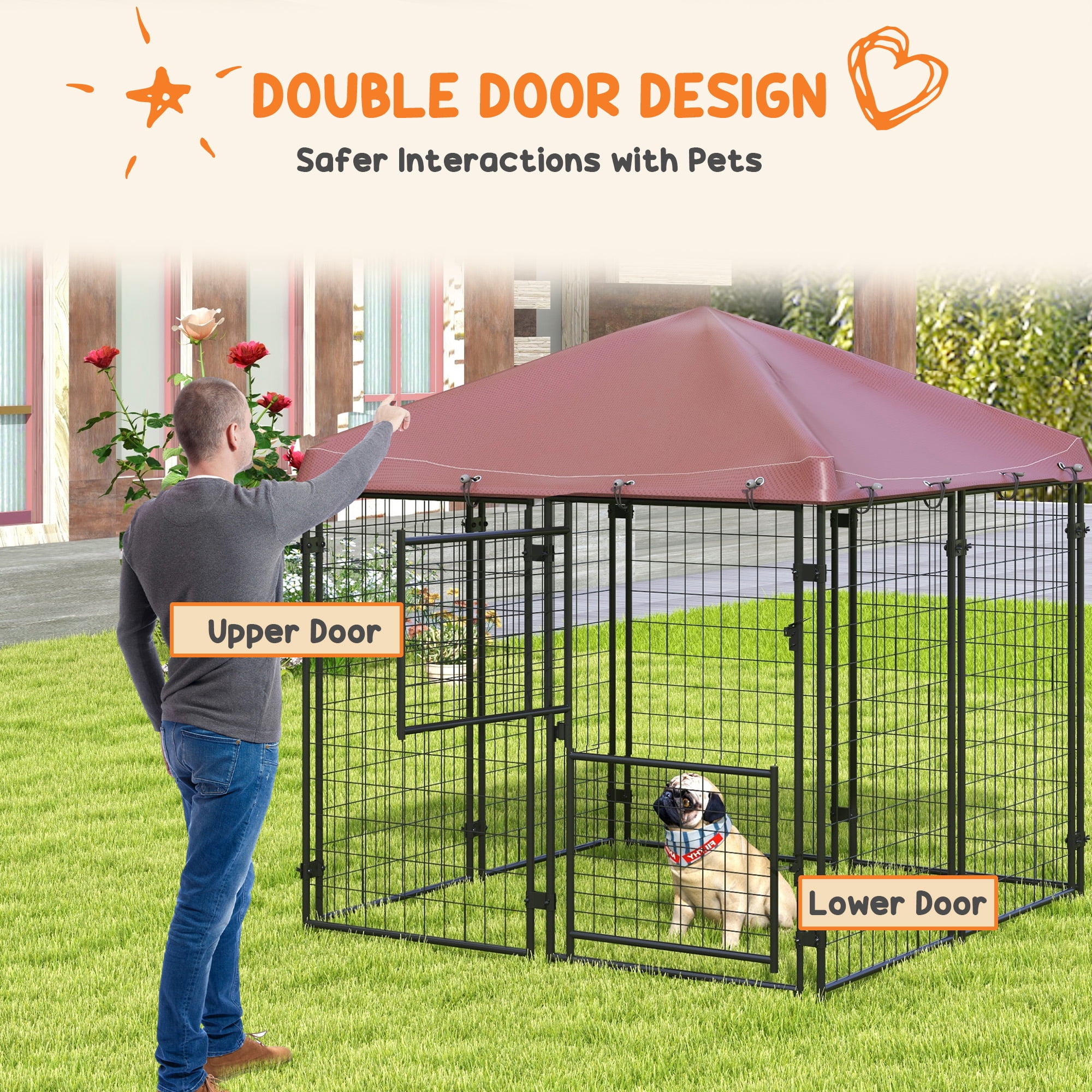 PawHut 4.6' x 4.6' x 5' Outdoor Dog Kennel with Waterproof Canopy, Dog Playpen for Small and Medium-Sized Dogs with Two Part Door Design, Brown