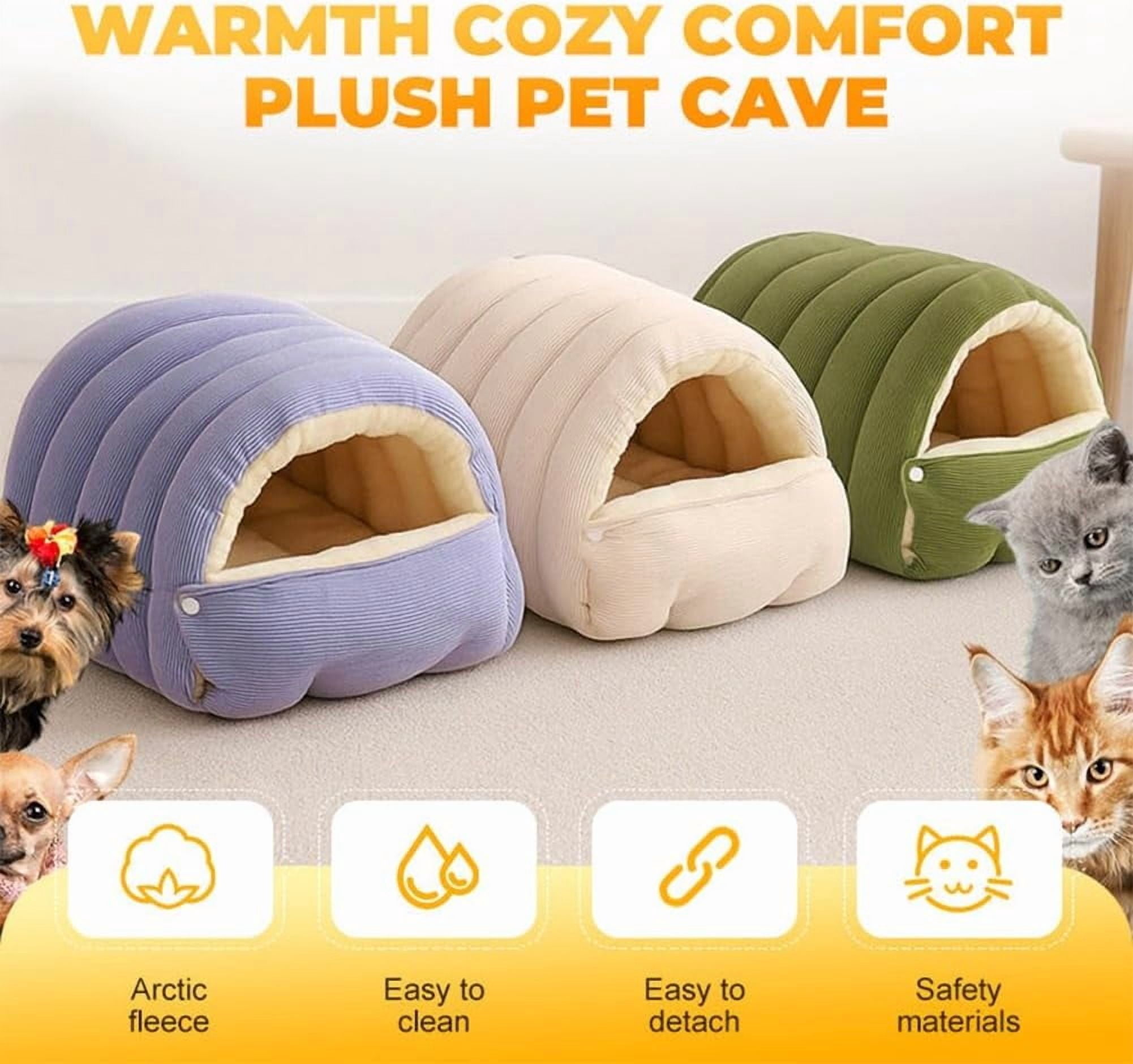 Warmth Cozy Comfort Plush Pet Cave, 2-in-1 Cozy Monster Cat Bed with Removable Cushion, Warm Nest Sleeping Bed Puppy House for Indoor Cats Small Dogs, Foldable Burrow Dog Sleeping Bag(Green,S)