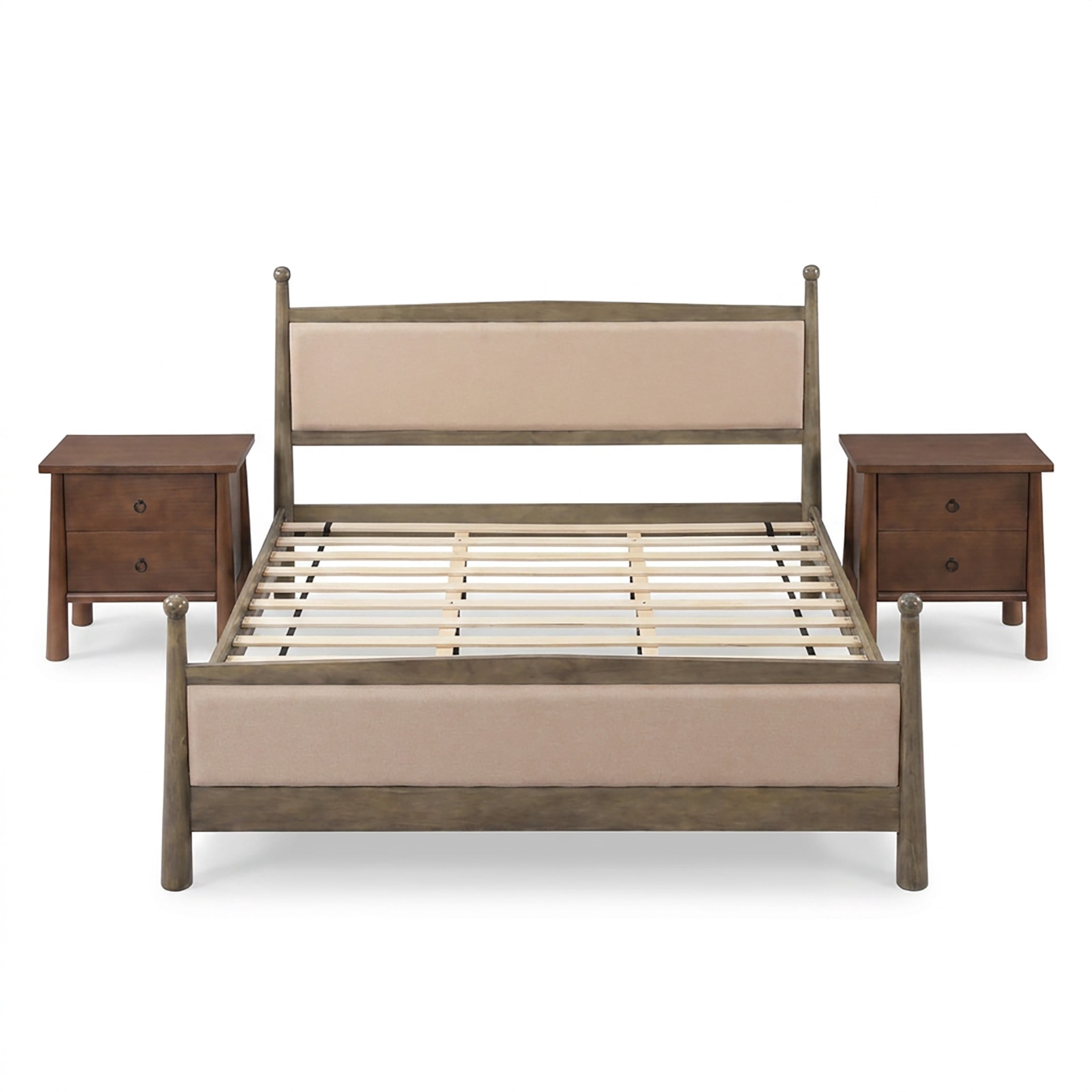 Christopher Knight Home 3-Piece Bedroom Set with King Upholstered Bed and 2 Nightstands, Natural+Brown
