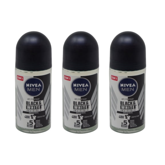 Nivea Men Invisible Black & White Power Roll-On Deodorant, Helps Protect Clothes from White Marks and Yellow Stains, Fresh Scent, 50ml - Pack of 3