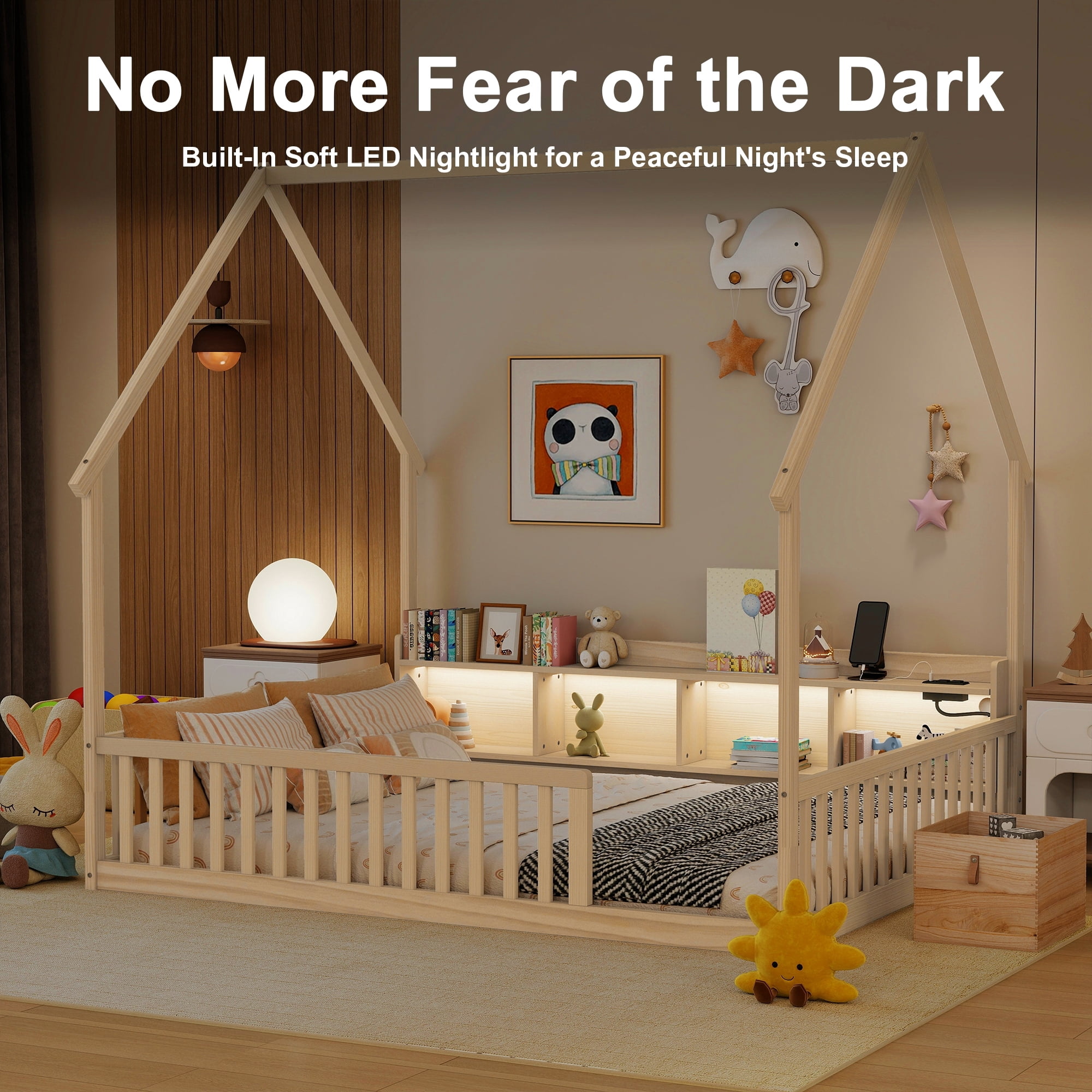 Leumius Full Size House Floor Bed with Storage Shelves,Built-in LED Lights & Charging Station,Pine Wood Floor Bed Frame with Safety Guardrails for Kids Bedroom Natural