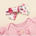 thumbnail image 3 of Baby Girl Outfits Solid Ribbed Romper Floral Bow Shorts Headbands Girls Summer Clothes Shorts Set Pink 0-6 Months, 3 of 9